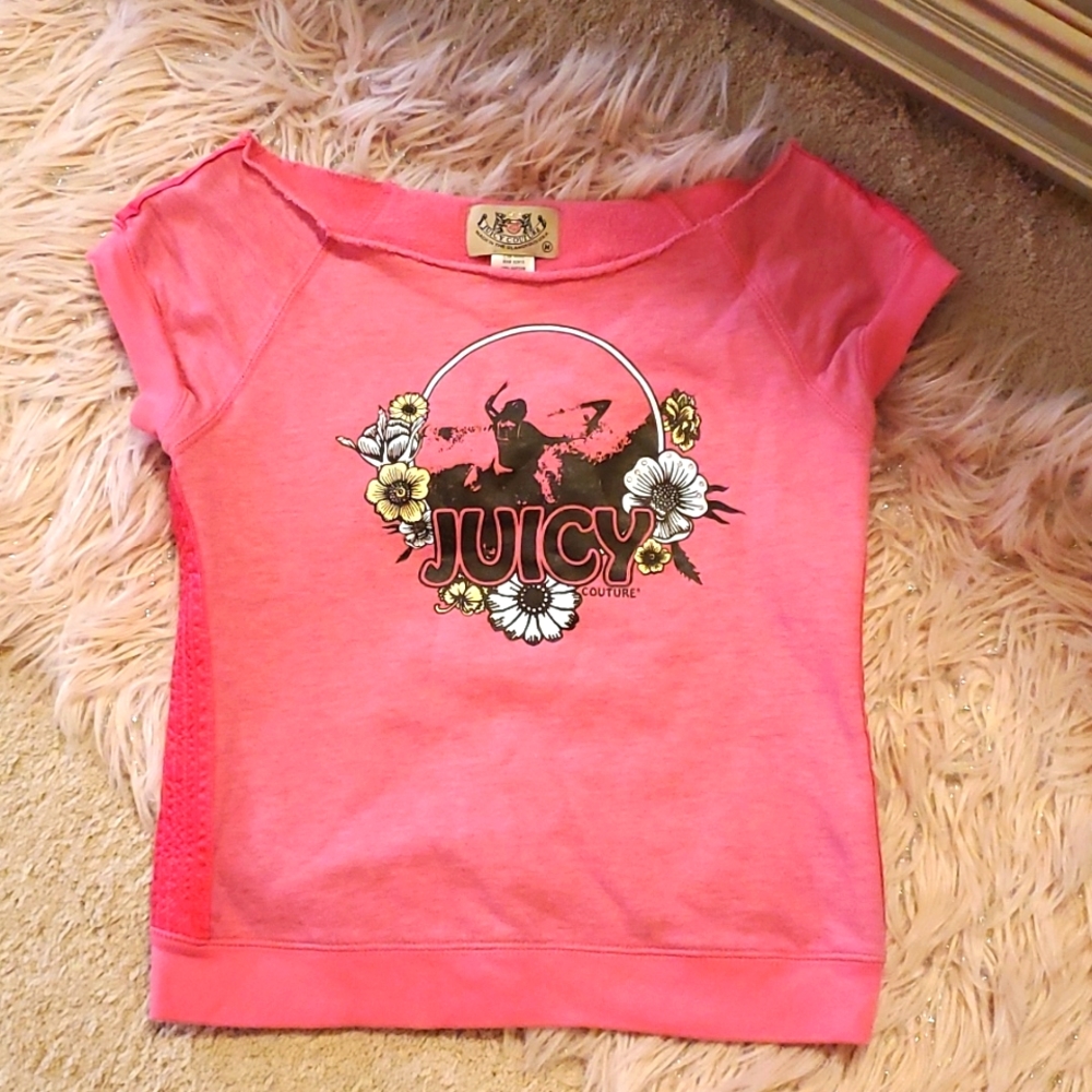 Juicy Couture Pink shirt with flowers and gems cut neck size Medium